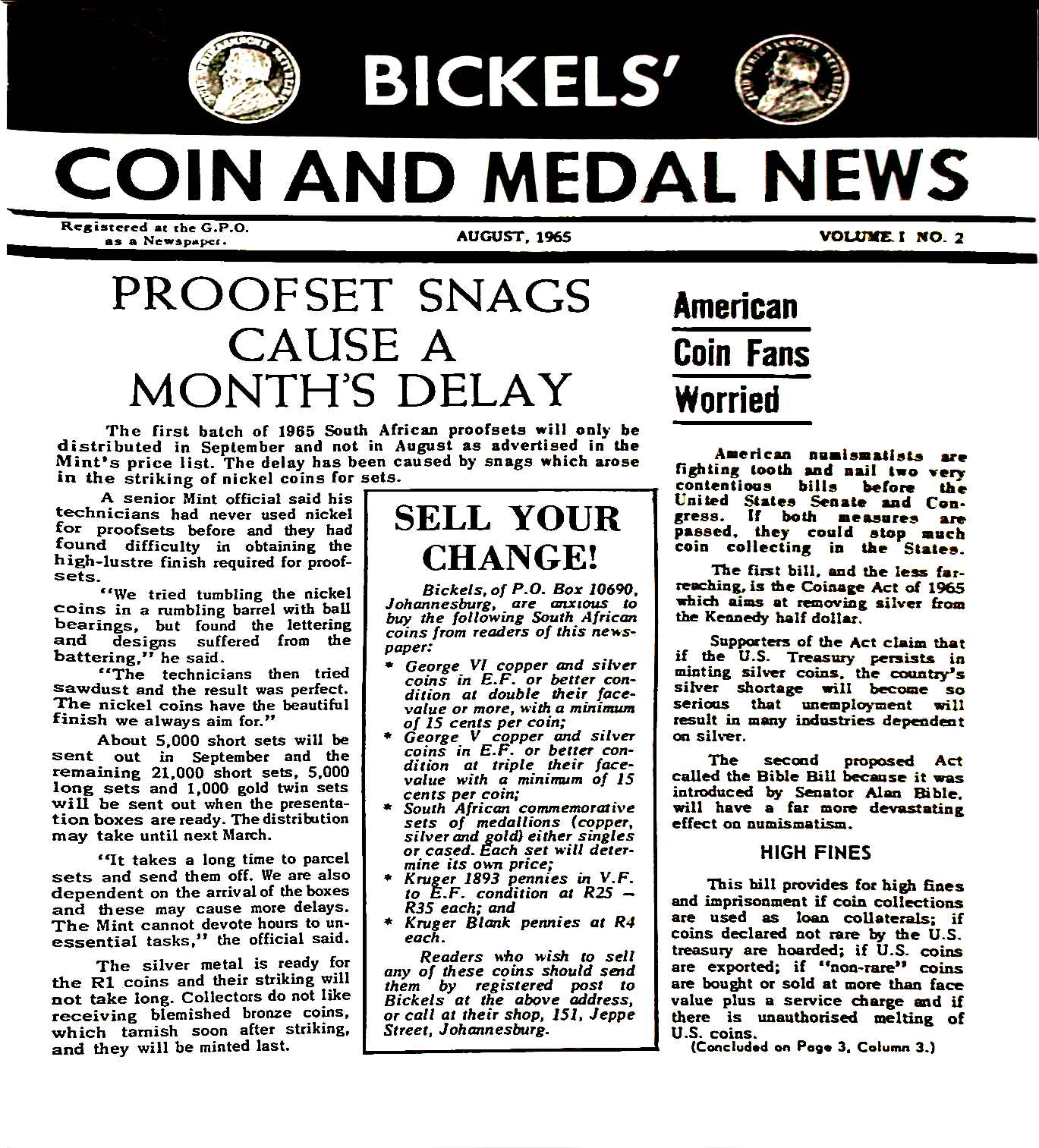 Bickels Coin & Medal News August 1965 Vol 1 No 2